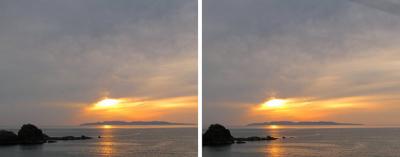 粟島と日本海の夕日 交差法3Dステレオ立体写真