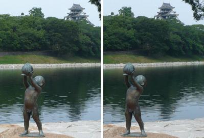 桃太郎像と岡山城 交差法3Dステレオ立体写真