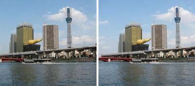 東京スカイツリー478mと水上バス 平行法3Dステレオ立体写真