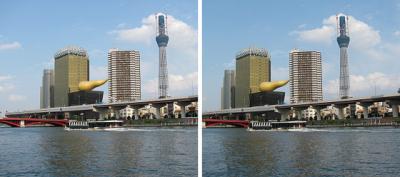東京スカイツリー478mと水上バス 交差法3Dステレオ立体写真